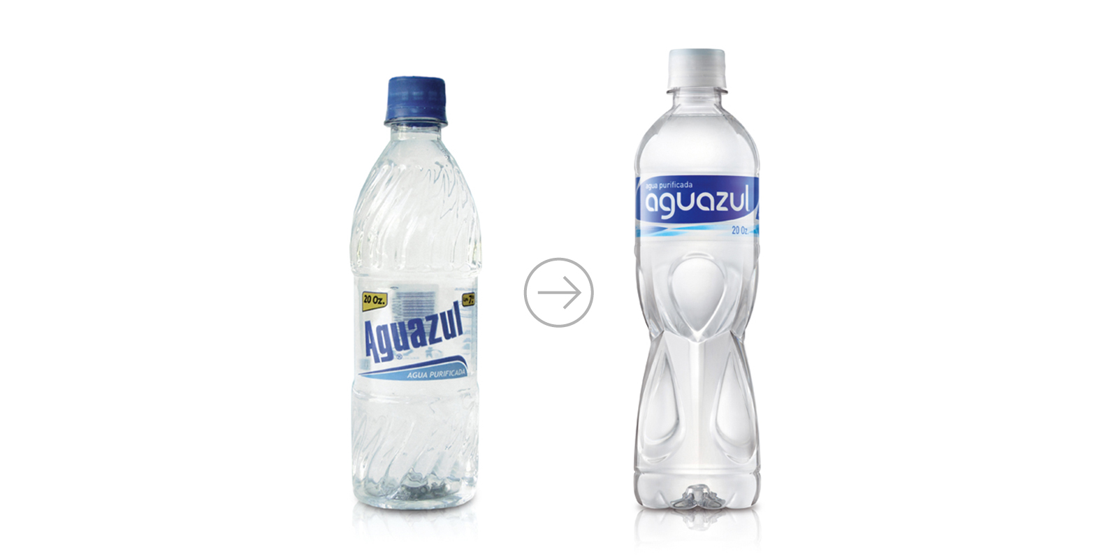 Comparación del antes y después diseño de la botella de agua purificada Aguazul por Tridimage.