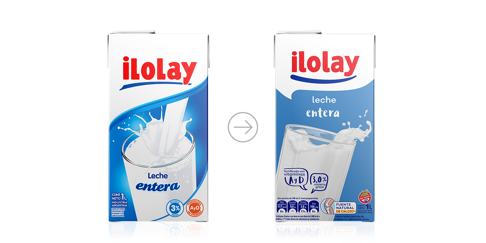 Comparación del antes y después diseño de la caja tetrabrik de leche entera Ilolay por Tridimage.