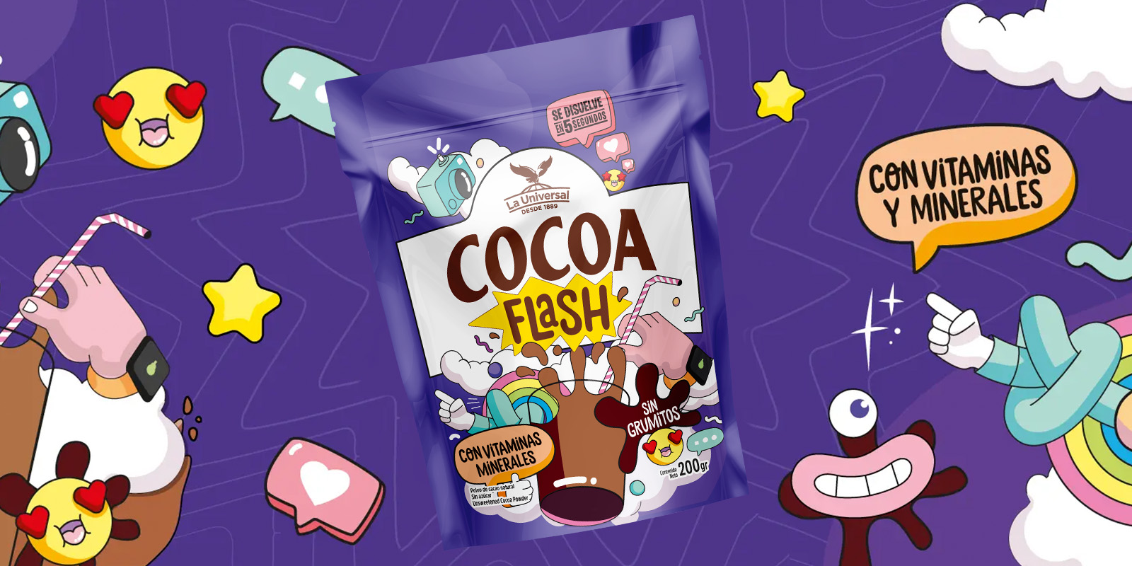 Doypack con diseño ilustrado de Cocoa Flash sobre fondo violeta con ilustraciones estilo comic y emojis. Diseño por Tridimage.