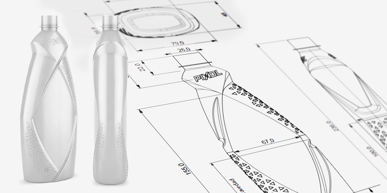 Renders en 3D de la botella de detergente Pixol, mostrando un diseño ergonómico con detalles técnicos y medidas en el plano de fondo. Diseño estructural por Tridimage.