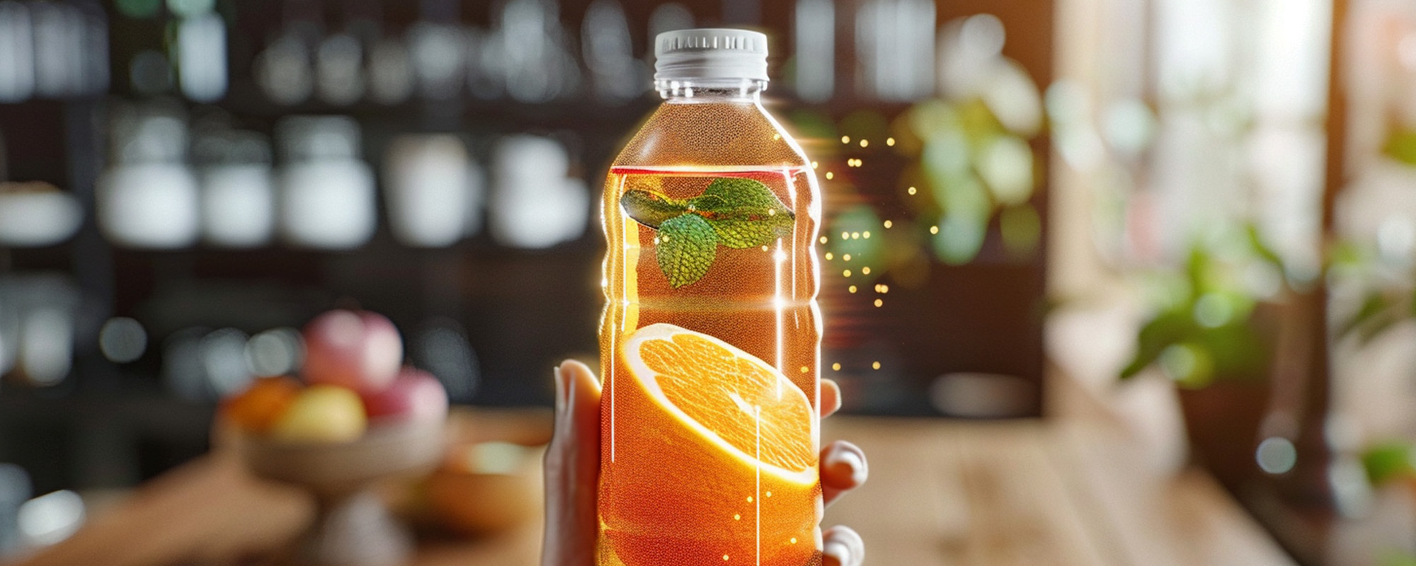 Una mano sostiene una botella de plástico transparente con tapa blanca, llena de una bebida color naranja con rodajas de naranja y hojas de menta flotando en su interior que parecen generadas por realidad aumentada. El entorno es una cocina acogedora. Así imagina la IA el packaging del futuro.