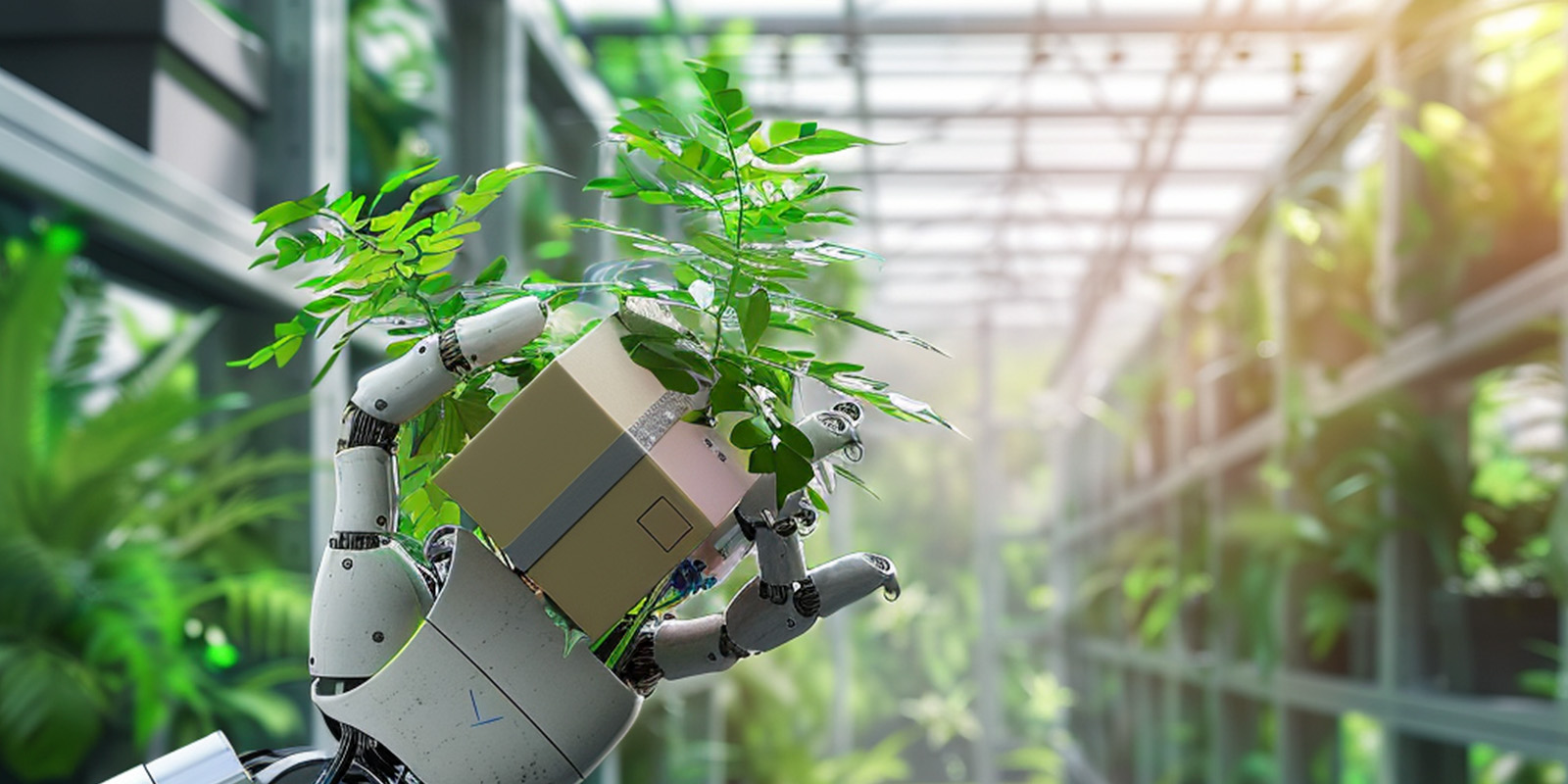 Una mano robótica sosteniendo una caja de cartón ecofriendly rodeada de plantas verdes.
