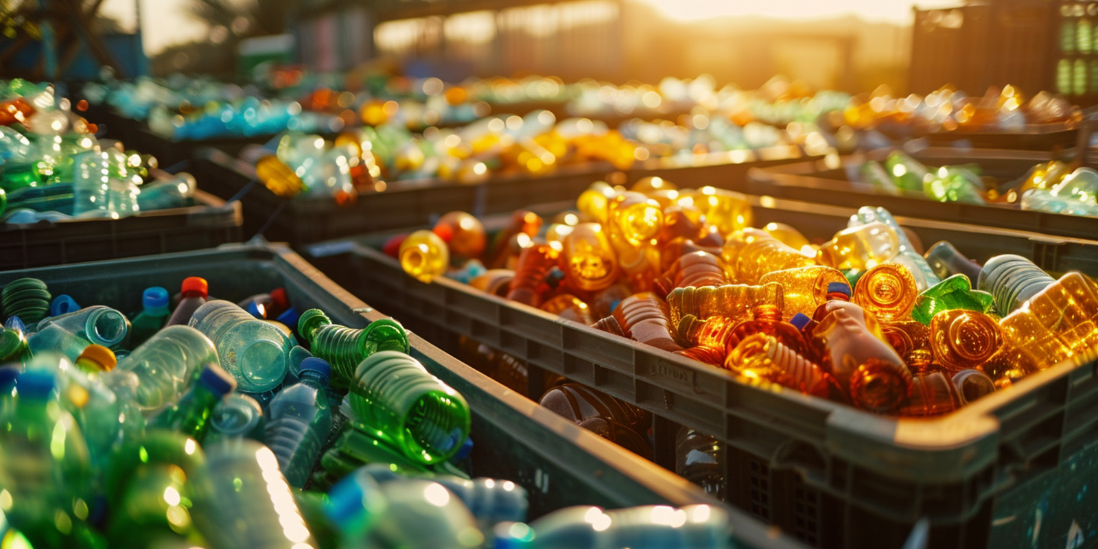 Contenedores de residuos para reciclar llenos de botellas de plástico de colores.