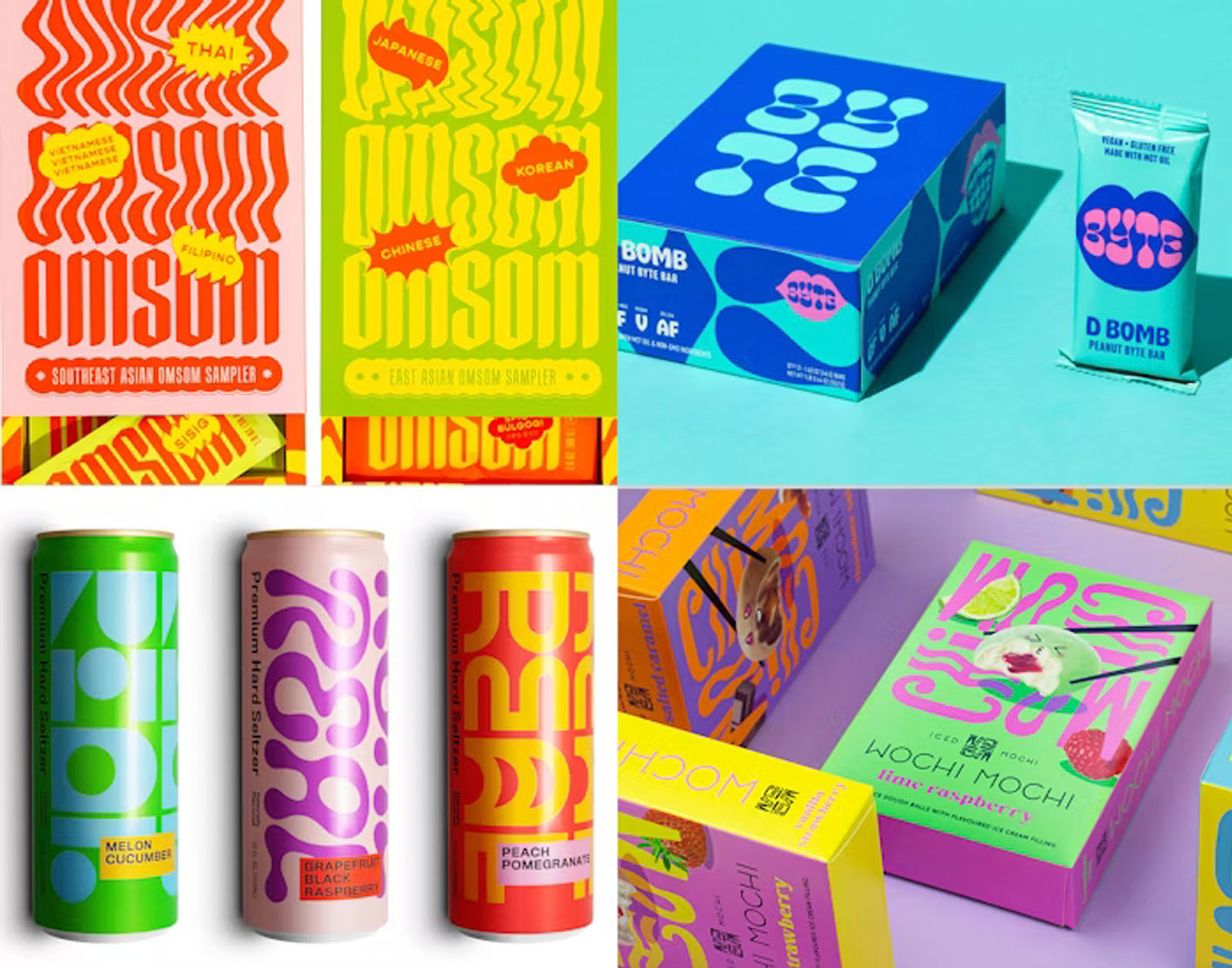 Diseños de packaging vibrantes para la Generación Z, con gráficos y tipografías deformadas y colores llamativos en productos como snacks, bebidas enlatadas y cajas.