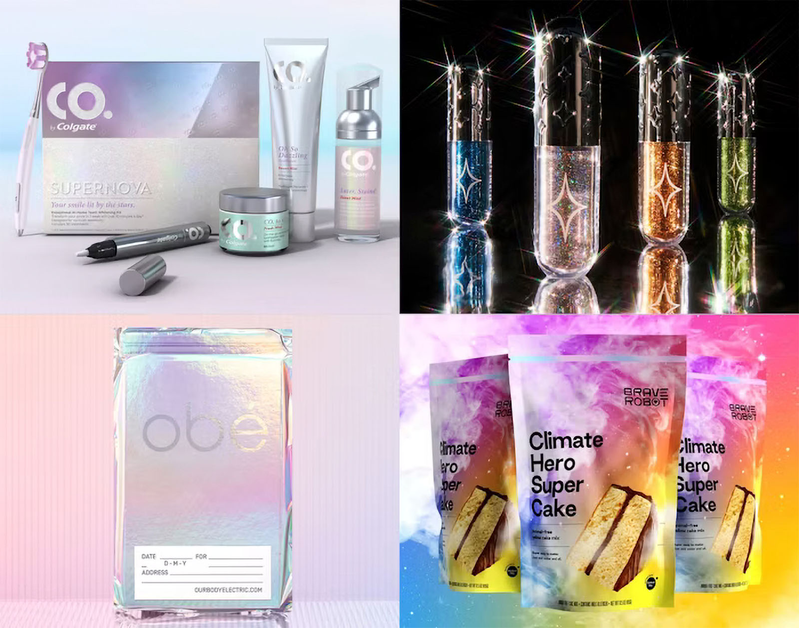 Diseños de packaging brillantes y tornasolados para la Generación Z, con diseño minimalista y futurista en productos de belleza como cosméticos y maquillaje.