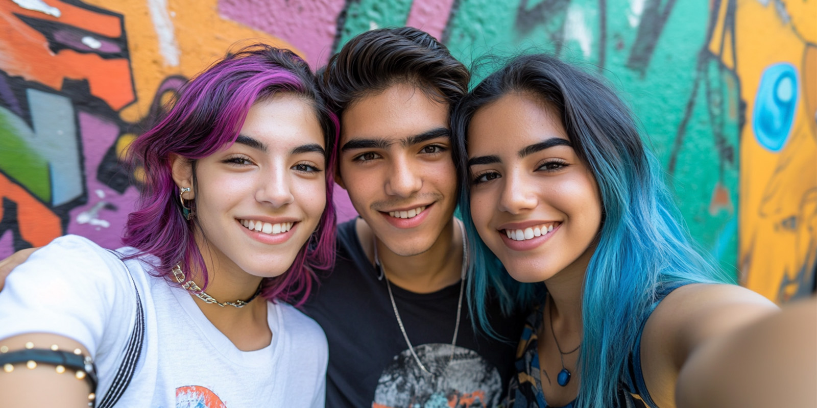 Grupo de tres jóvenes latinoamericanos de la generación Z tomando un selfie, luciendo atuendos coloridos y modernos con confianza.