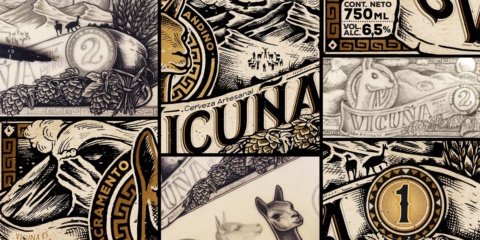 Mosaico con detalles de la ilustración de la etiqueta de cerveza Vicuña, incluyendo patrones intrincados, letras de estilo antiguo y una vicuña.