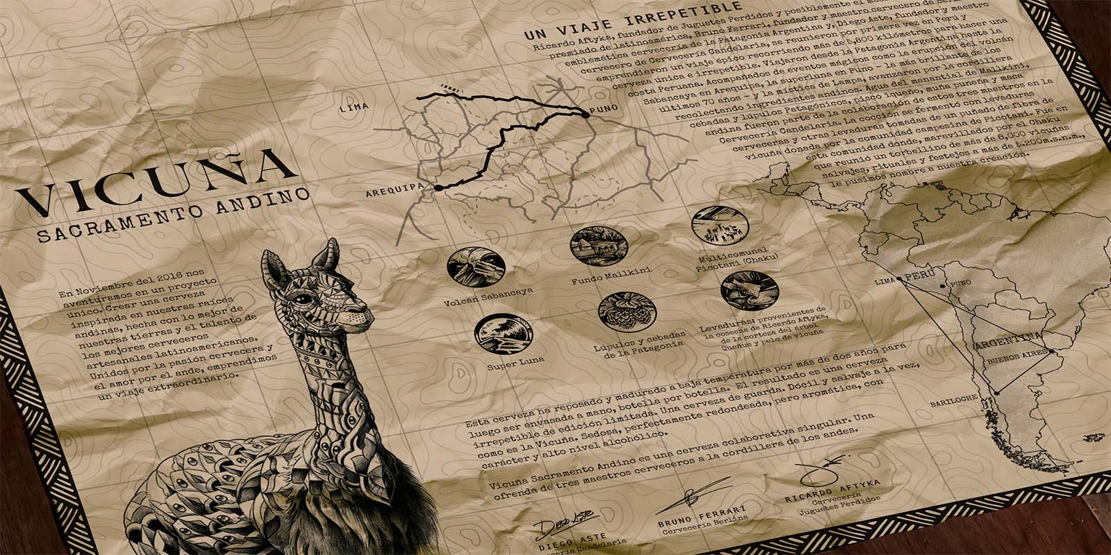 Papel de envoltorio con estampa e historia de cerveza Vicuña, incluyendo ilustración de una vicuña y mapa de Sudamérica.