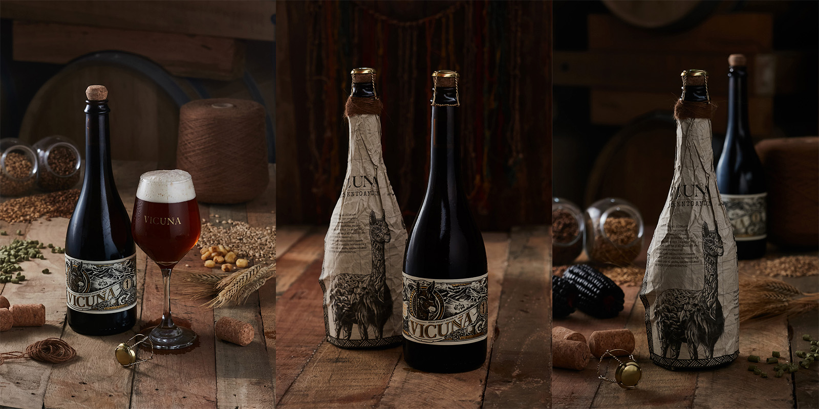 Mosaico con fotos de cerveza Vicuña, incluyendo botellas con granos de cebada y lúpulo.