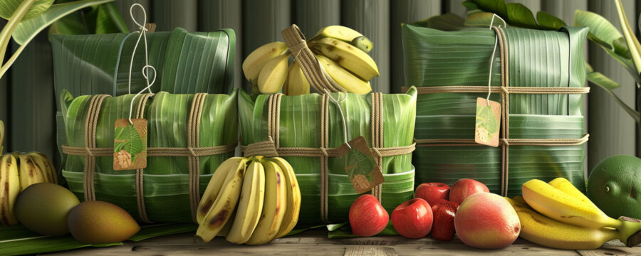 Paquetes sostenibles de hojas de plátano atados con cuerda, rodeados de frutas tropicales: bananas, mangos, manzanas y aguacates. Diseño ecológico de packaging.