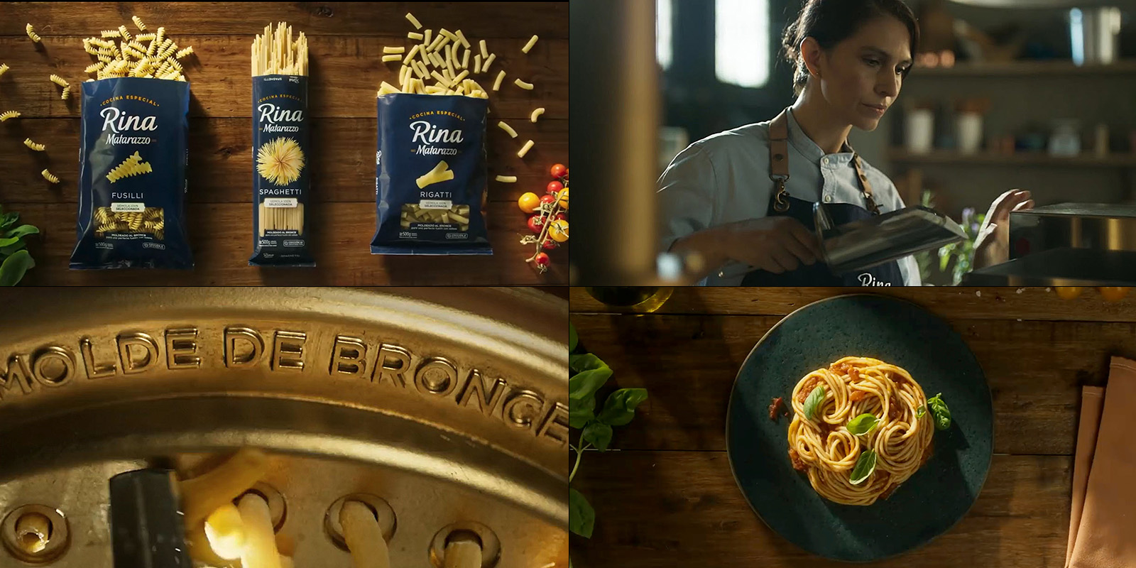 Mosaico de cuatro imágenes de fideos Rina: paquetes de pasta, mujer chef cocinando, máquina de molde de bronce y plato de espaguetis. Diseño de packaging por Tridimage.