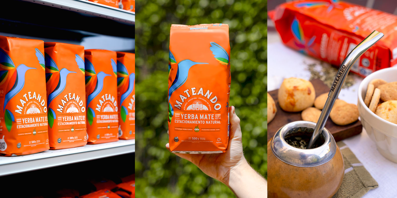 Mosaico de tres imágenes: paquetes de yerba mate Mateando en góndola de supermercado, un paquete sostenido por una mano frente a fondo verde, y un mate servido con bombilla grabada con el logo Mateando junto a galletas y pan de queso. Diseño de packaging por Tridimage.