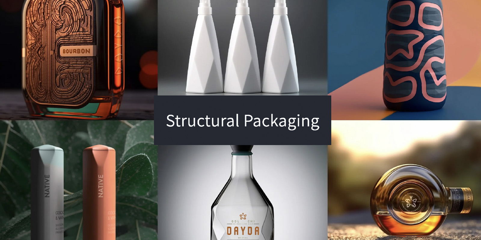 Collage de seis ejemplos de diseños de packaging estructural creados con inteligencia artificial, mostrando botellas y envases con formas y patrones únicos y creativos.