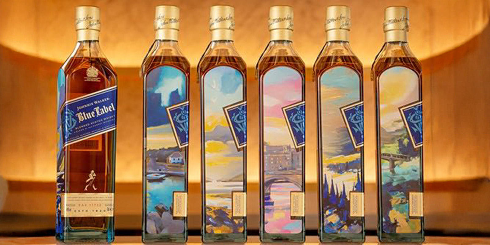 Serie de botellas de Johnnie Walker Blue Label con etiquetas personalizadas únicas generadas por inteligencia artificial, mostrando diseños exclusivos y creativos.